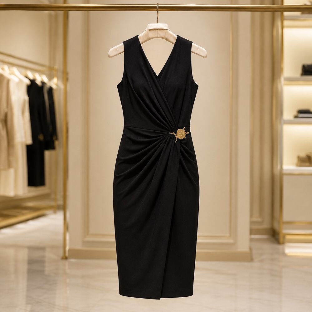 Versace Black Medusa Triple Ring Draped Jersey Cocktail Dress IT 42 US 6 NWT